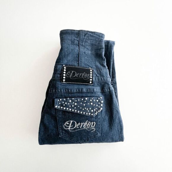 Dereon Women Denim Jeans Ultra High Waisted Corset Rhinestones Blue Sz 7/8 - Picture 3 of 13